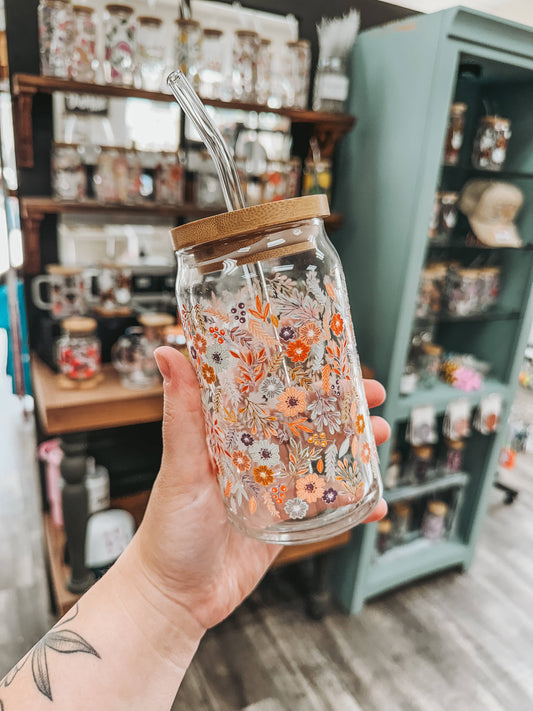 Dainty Floral Glass Can Cup